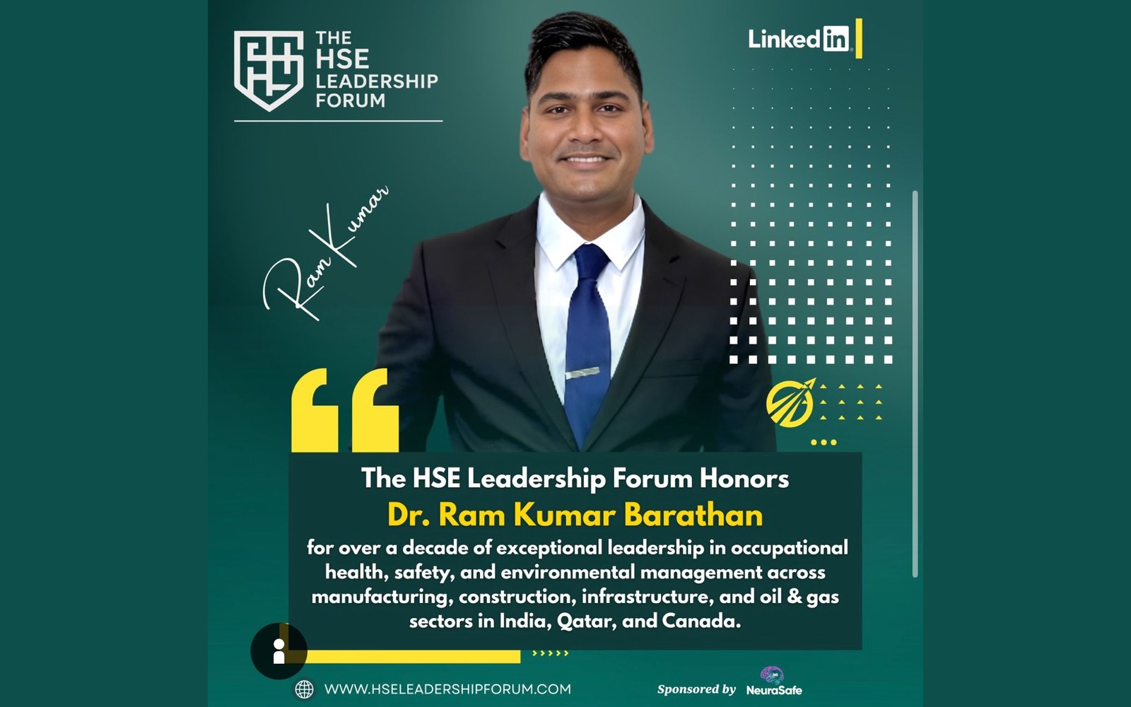 HSE Leadership Forum graphic honouring Dr. Ram Kumar Barathan