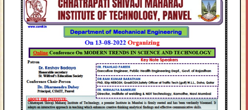 College annual report entry: Dr. Ram Kumar Barathan listed as a keynote speaker for the National Conference on Modern Trends in Science and Technology, 13 August 2022