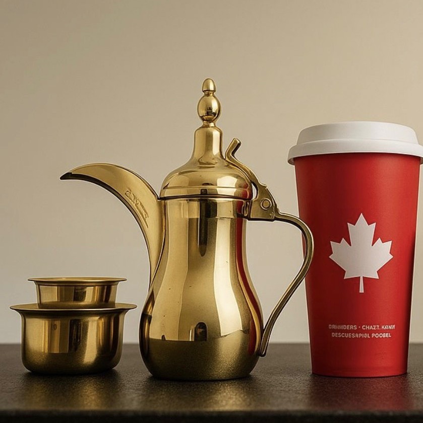 A golden dallah beside a red cup with a white maple leaf — Doha and Saskatchewan